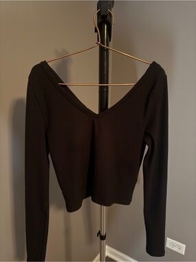 Topshop Black Ribbed V-Neck Long Sleeve Top
